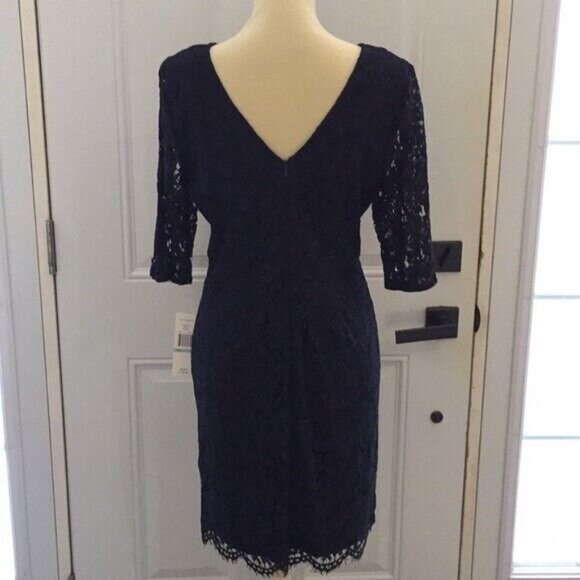 Sharagano Ladies Navy Party Cocktail Dress Lace Sheath Style Size Large - Picture 8 of 16